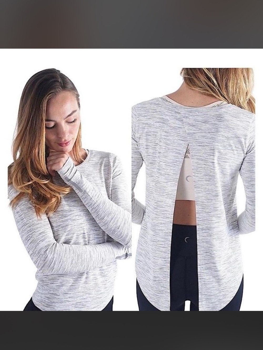 ZYIA Active Ash Split Back Long Sleeve Tee - Space Dye Gray - Size Large